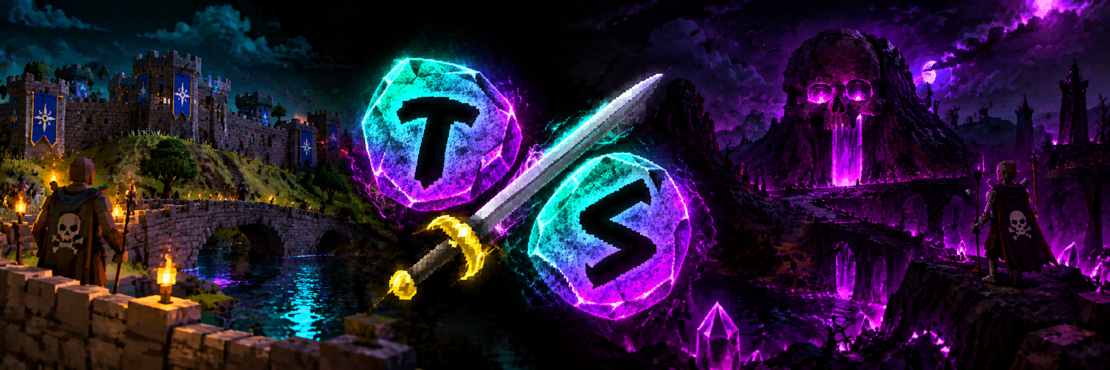 TrenchScape world — a neon medieval realm split between a bright castle and a corrupted skull mountain